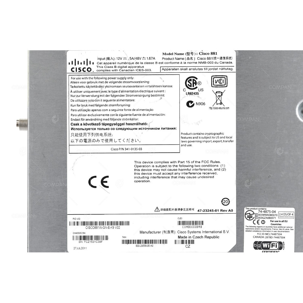 CISCO881W-GN-E-K9 CISCO 881 4-PORT 100MB ETHERNET POE INTEGRATED SERVICES ROUTER